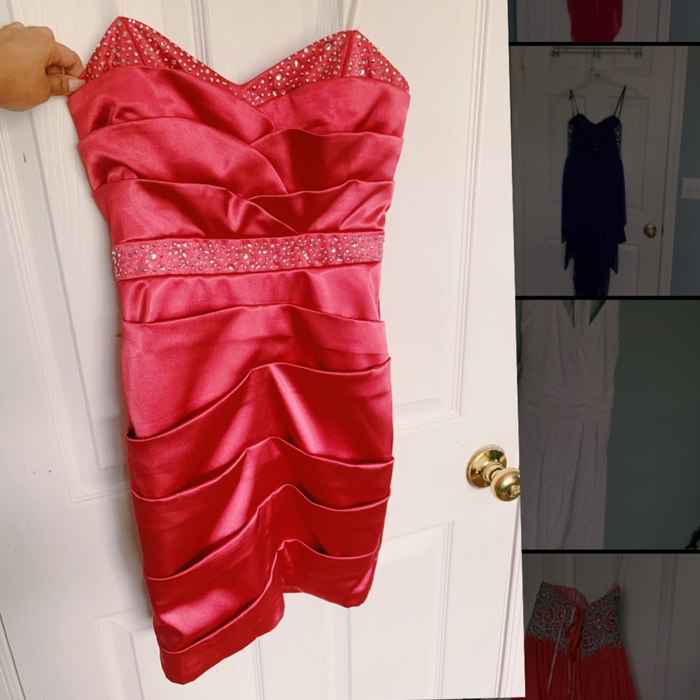 strapless pink satin homecoming dress